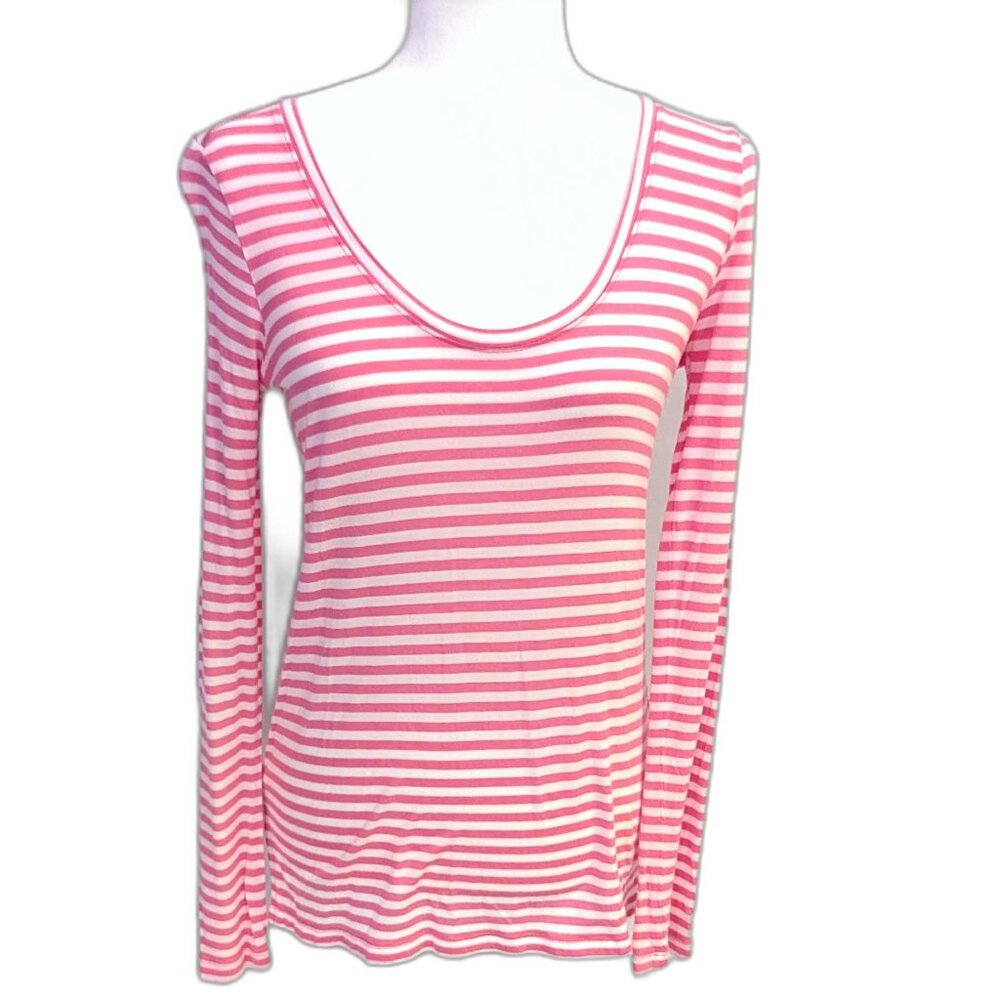Banana Republic | Modal Mini-Stripe Long-Sleeve Tee Pink & White | Size Small - Picture 4 of 9